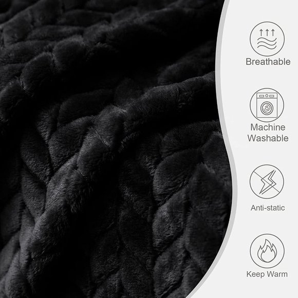 Trendy Black Knit Jacquard Weave Pattern Decorative Warm Flannel Bed Blanket - Picture 4 of 16